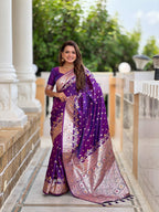 Vedant Vastram Soft Litchi Silk Banarasi Silk Jacquard Saree - Violet | Grocsy
