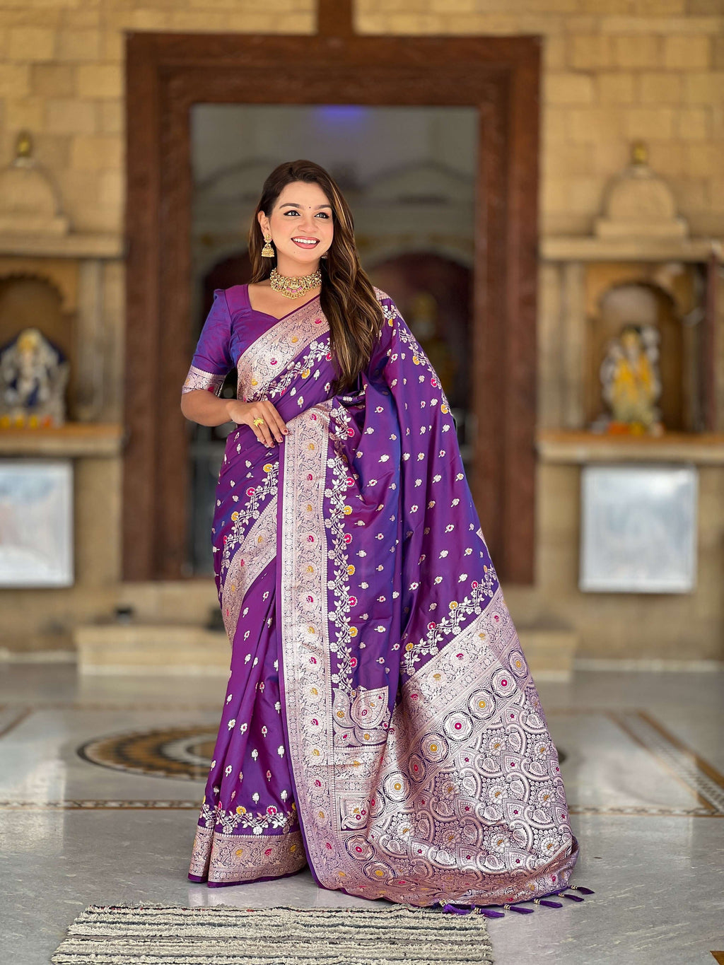 Vedant Vastram Soft Litchi Silk Banarasi Silk Jacquard Saree - Violet | Grocsy