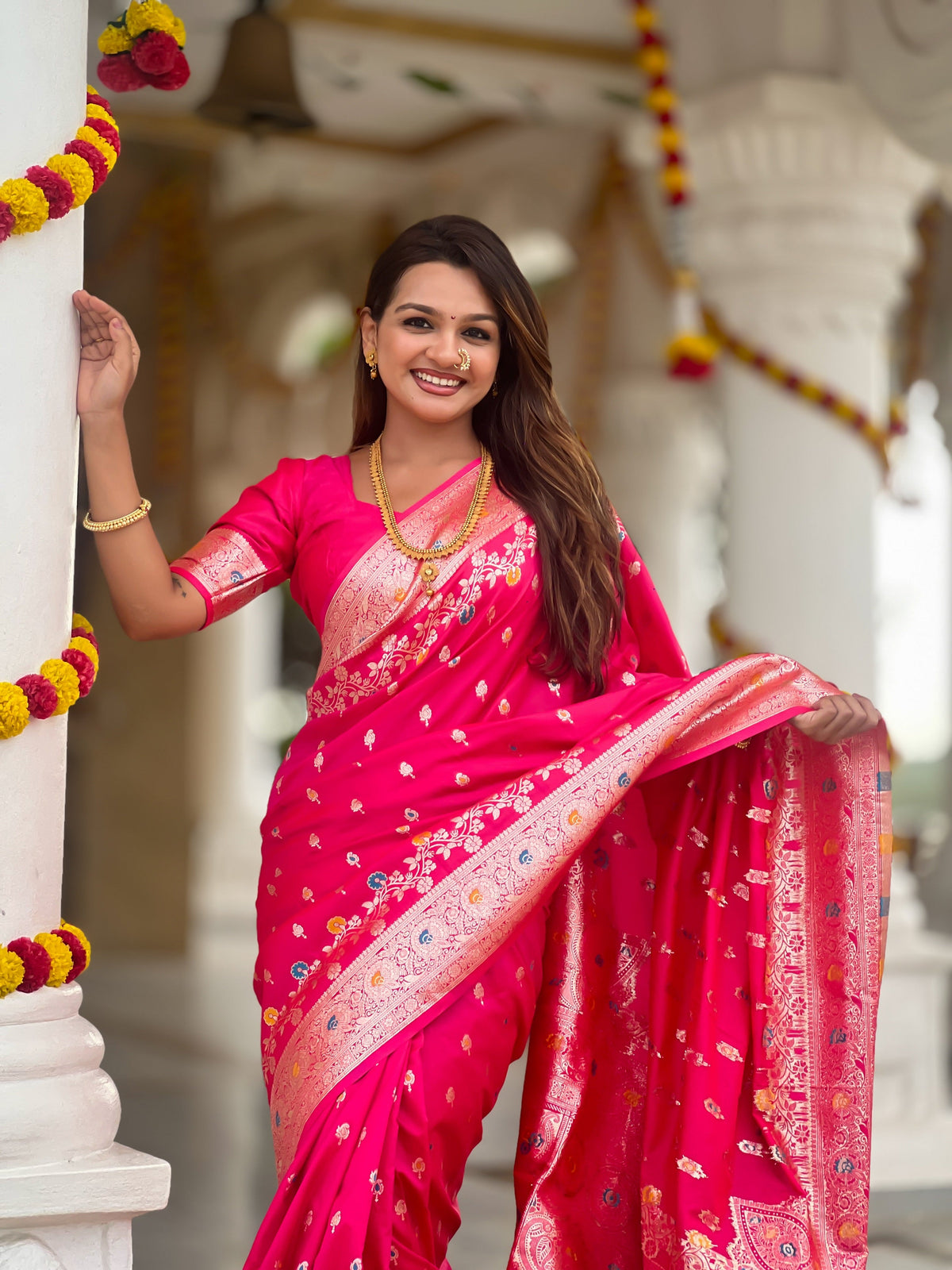 Vedant Vastram Soft Litchi Silk Banarasi Silk Jacquard Saree - Rani | Grocsy