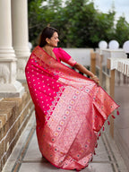 Vedant Vastram Soft Litchi Silk Banarasi Silk Jacquard Saree - Rani | Grocsy