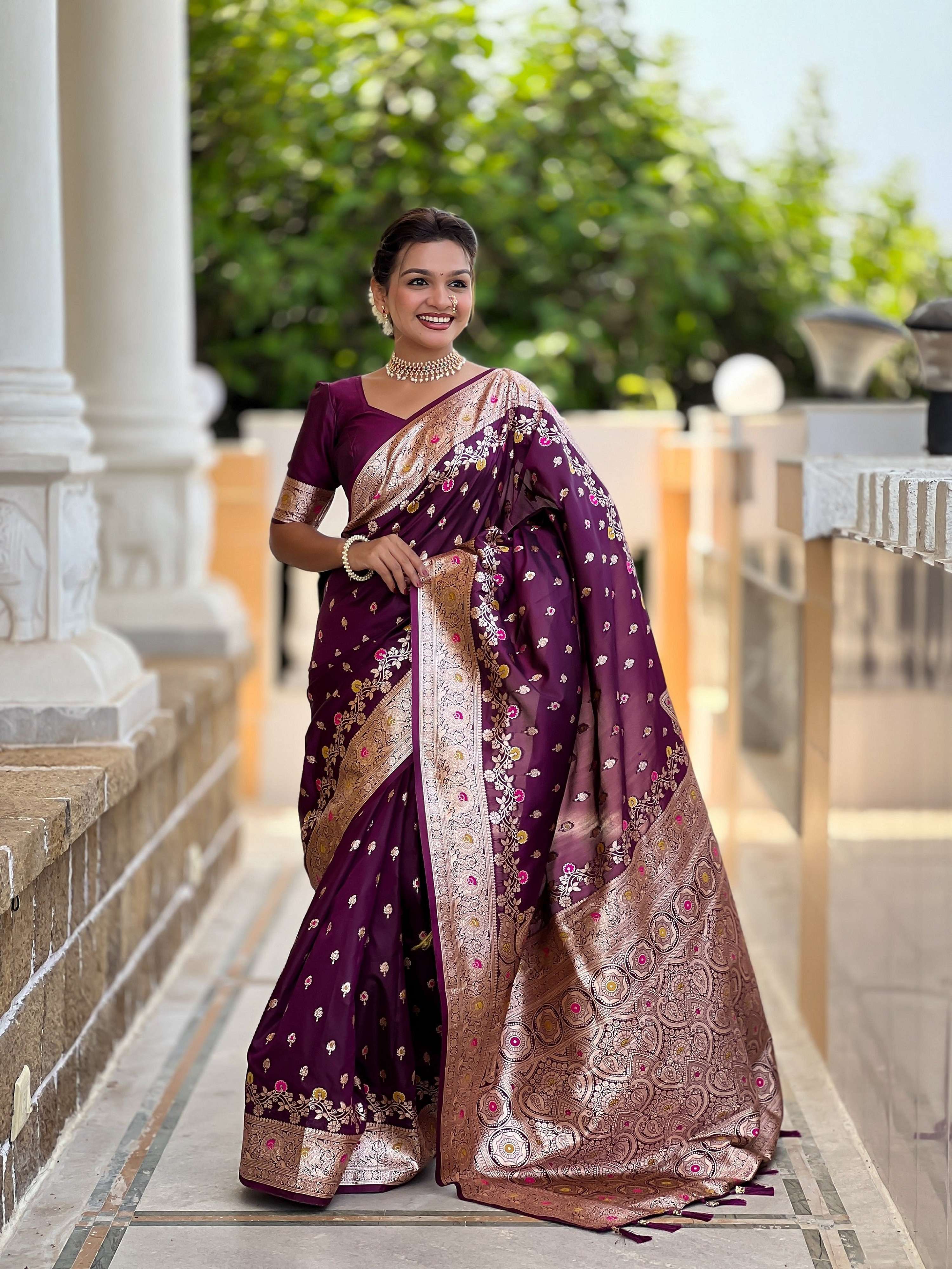 Vedant Vastram Soft Litchi Silk Banarasi Silk Jacquard Saree - Wine | Grocsy