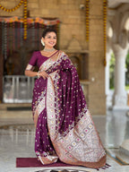 Vedant Vastram Soft Litchi Silk Banarasi Silk Jacquard Saree - Wine | Grocsy