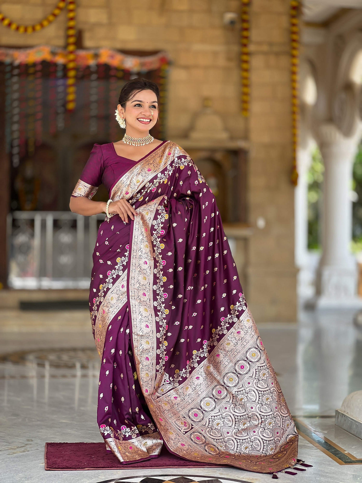 Vedant Vastram Soft Litchi Silk Banarasi Silk Jacquard Saree - Wine | Grocsy
