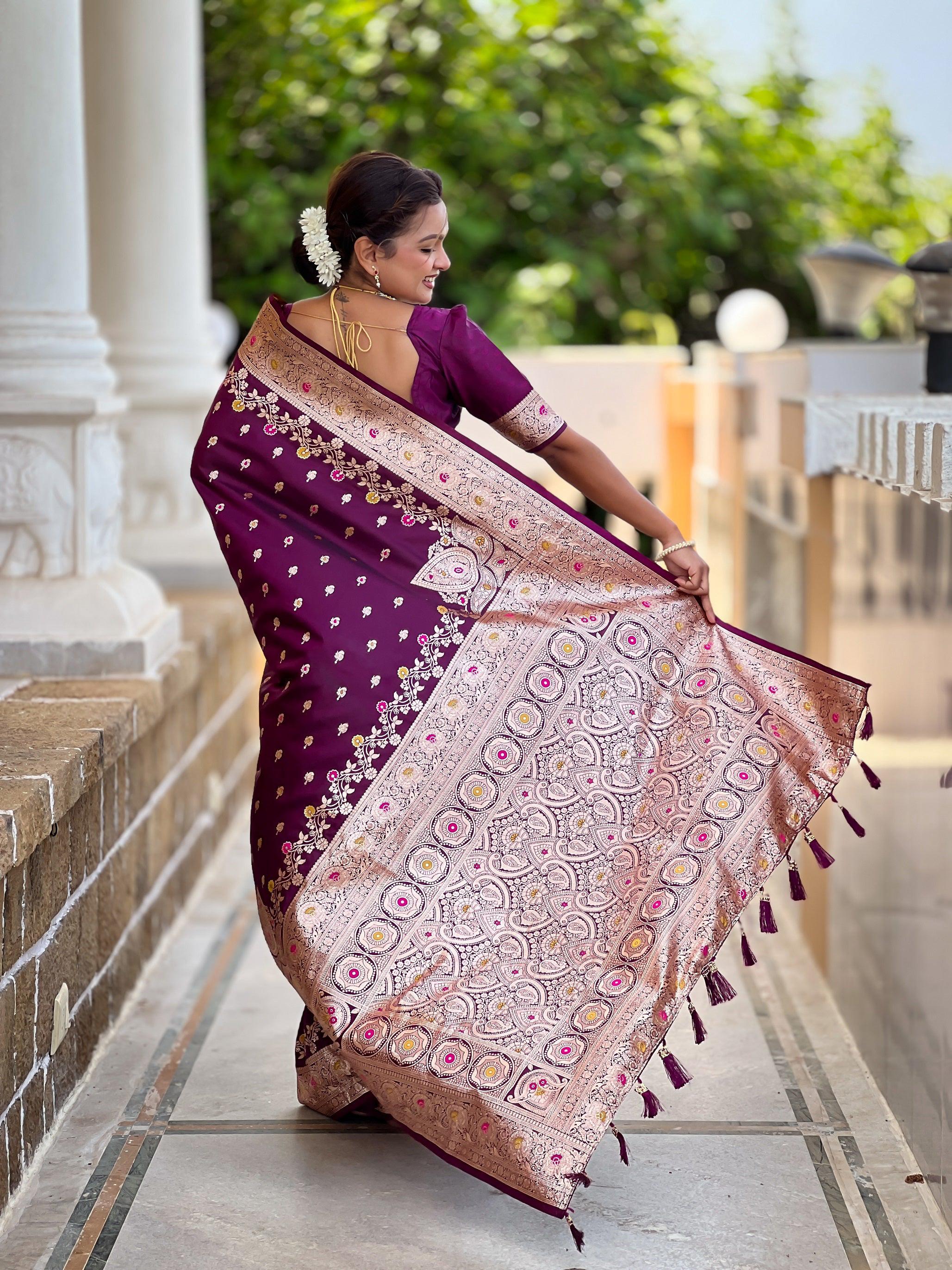 Vedant Vastram Soft Litchi Silk Banarasi Silk Jacquard Saree - Wine | Grocsy