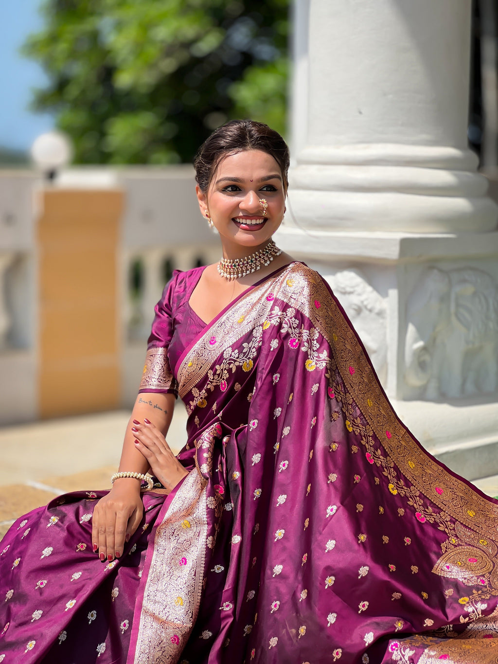Vedant Vastram Soft Litchi Silk Banarasi Silk Jacquard Saree - Wine | Grocsy