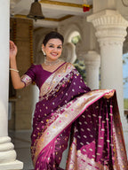 Vedant Vastram Soft Litchi Silk Banarasi Silk Jacquard Saree - Wine | Grocsy
