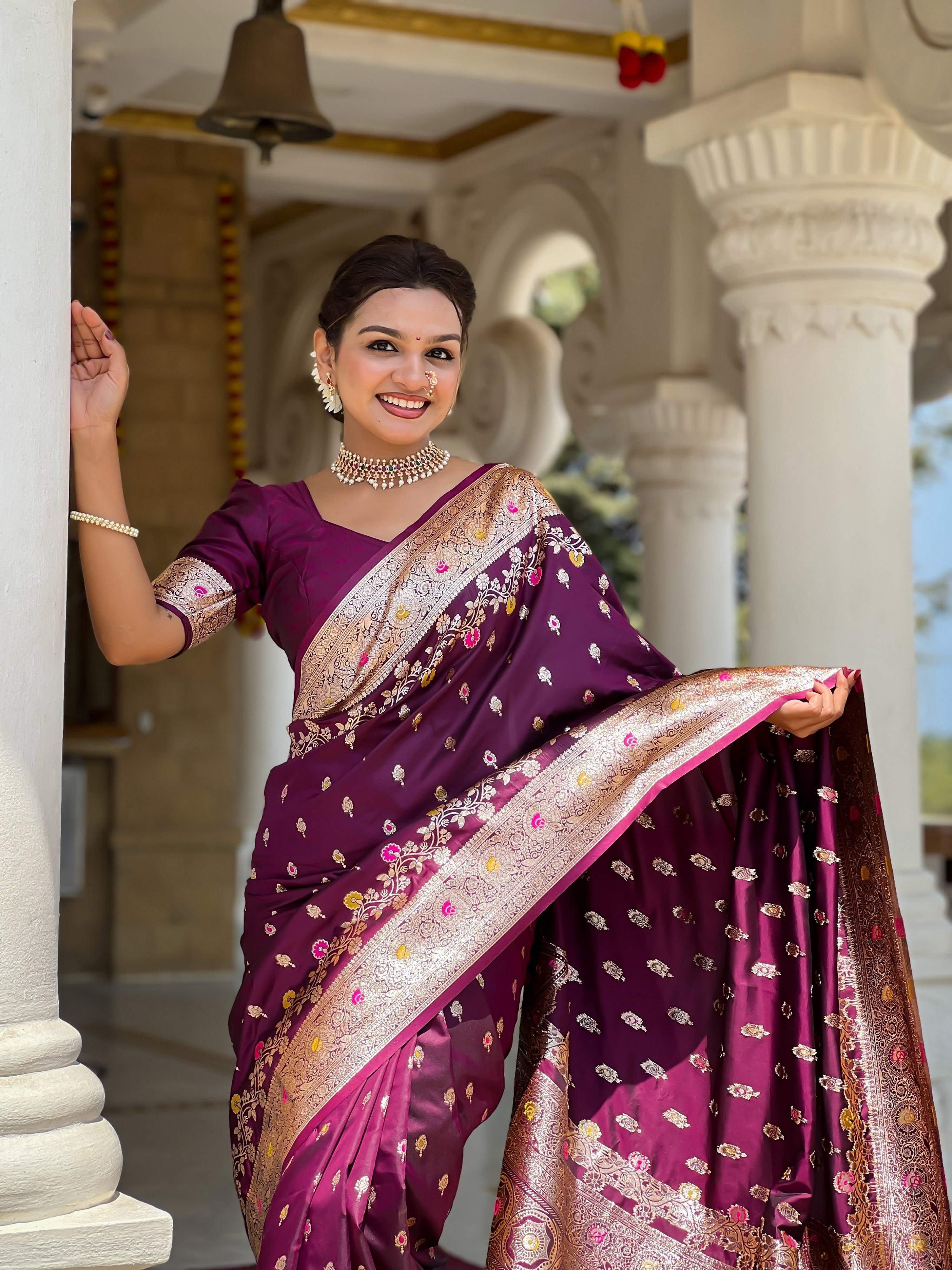 Vedant Vastram Soft Litchi Silk Banarasi Silk Jacquard Saree - Wine | Grocsy