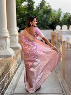 Vedant Vastram Soft Litchi Silk Banarasi Silk Jacquard Saree - Pink | Grocsy