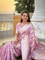Vedant Vastram Soft Litchi Silk Banarasi Silk Jacquard Saree - Pink | Grocsy