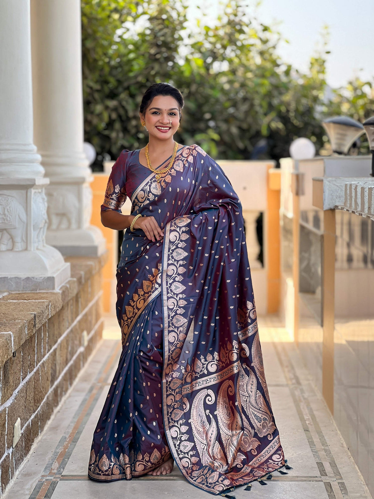 Vedant Vastram Soft Litchi Silk Banarasi Silk Jacquard Saree - Dark Blue | Grocsy