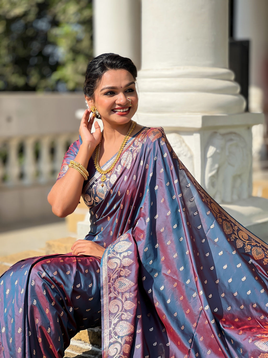 Vedant Vastram Soft Litchi Silk Banarasi Silk Jacquard Saree - Dark Blue | Grocsy