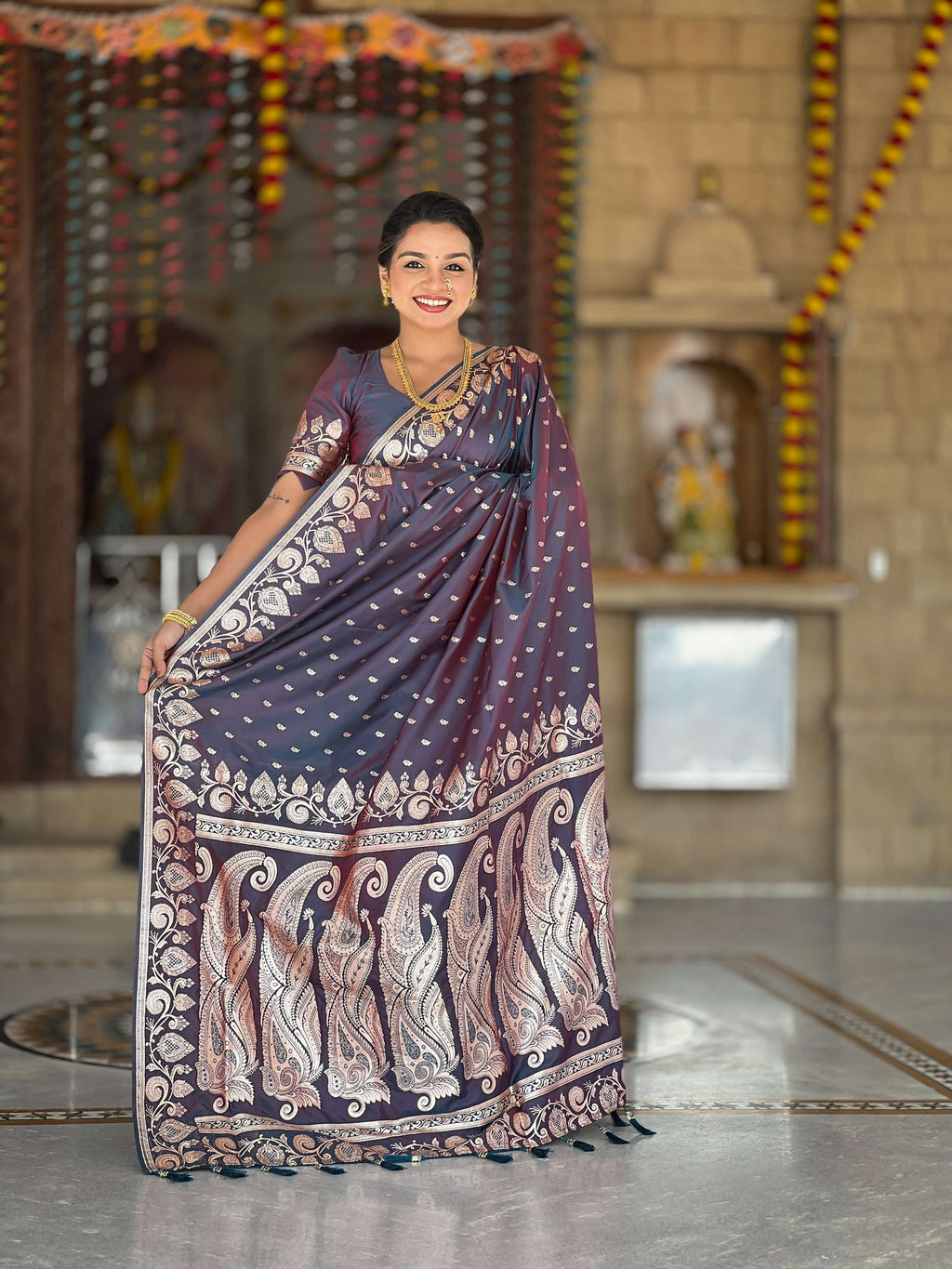 Vedant Vastram Soft Litchi Silk Banarasi Silk Jacquard Saree - Dark Blue | Grocsy