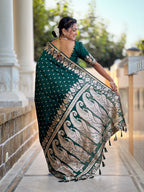 Vedant Vastram Soft Litchi Silk Banarasi Silk Jacquard Saree - Green | Grocsy