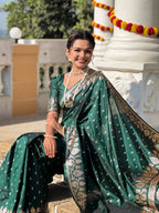 Vedant Vastram Soft Litchi Silk Banarasi Silk Jacquard Saree - Green | Grocsy