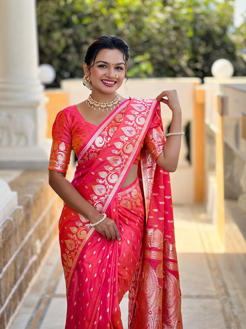 Vedant Vastram Soft Litchi Silk Banarasi Silk Jacquard Saree - Gajri | Grocsy