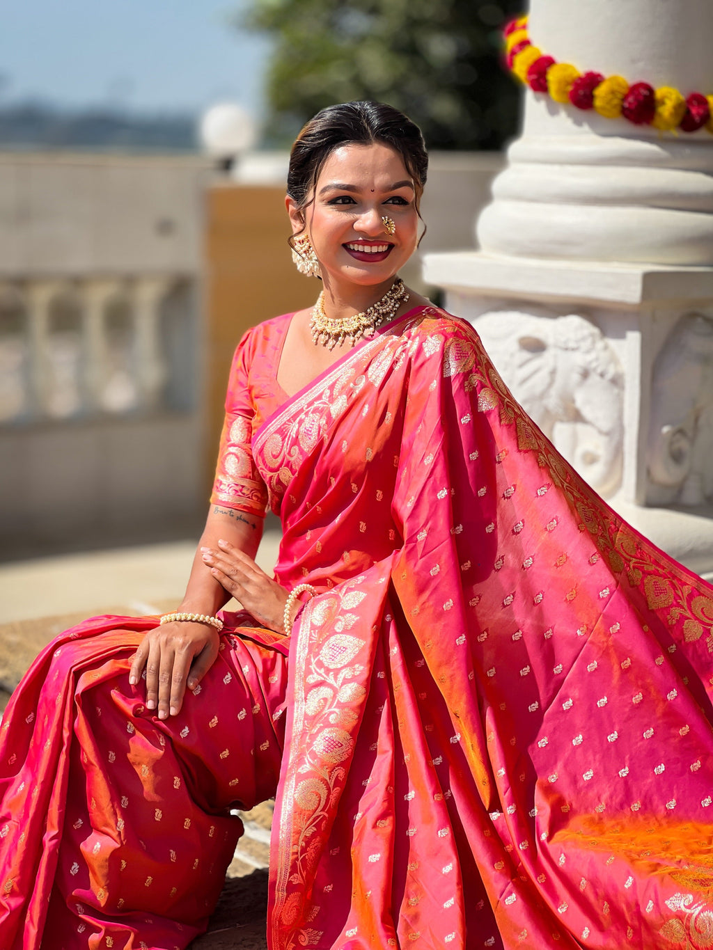 Vedant Vastram Soft Litchi Silk Banarasi Silk Jacquard Saree - Gajri | Grocsy