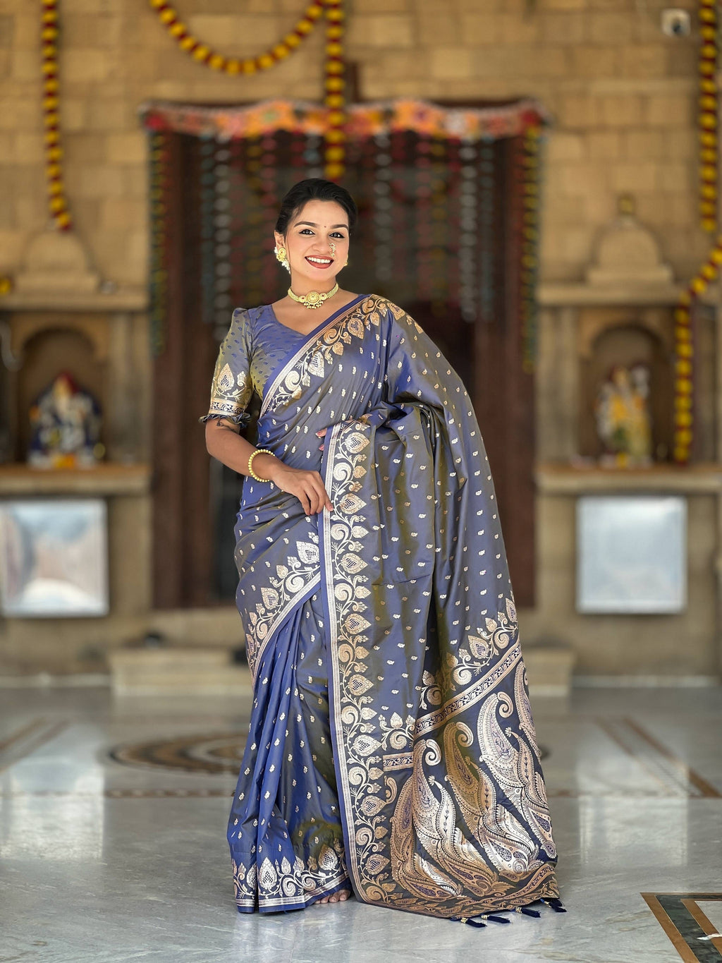 Vedant Vastram Soft Litchi Silk Banarasi Silk Jacquard Saree - Grey | Grocsy