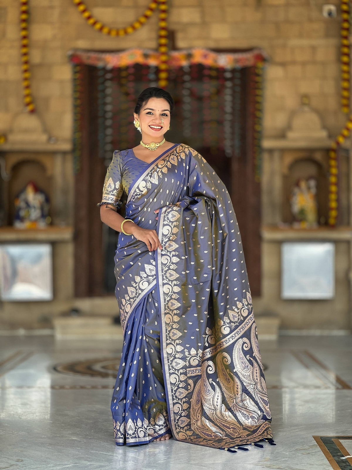 Vedant Vastram Soft Litchi Silk Banarasi Silk Jacquard Saree - Grey | Grocsy