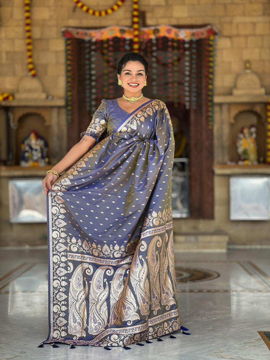 Vedant Vastram Soft Litchi Silk Banarasi Silk Jacquard Saree - Grey | Grocsy