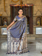 Vedant Vastram Soft Litchi Silk Banarasi Silk Jacquard Saree - Grey | Grocsy