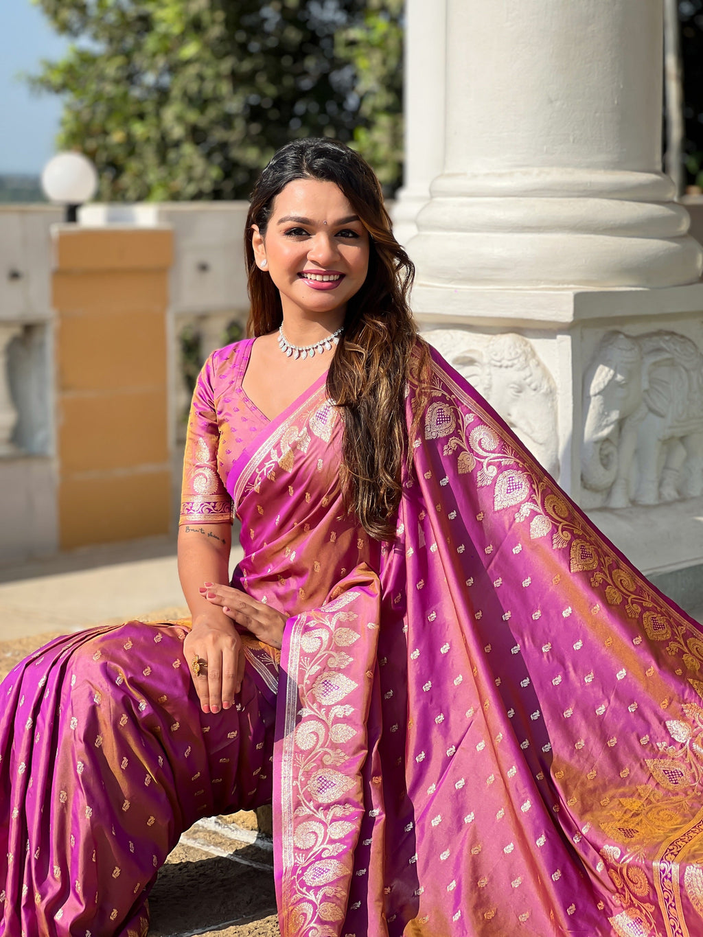 Vedant Vastram Soft Litchi Silk Banarasi Silk Jacquard Saree - Purple | Grocsy