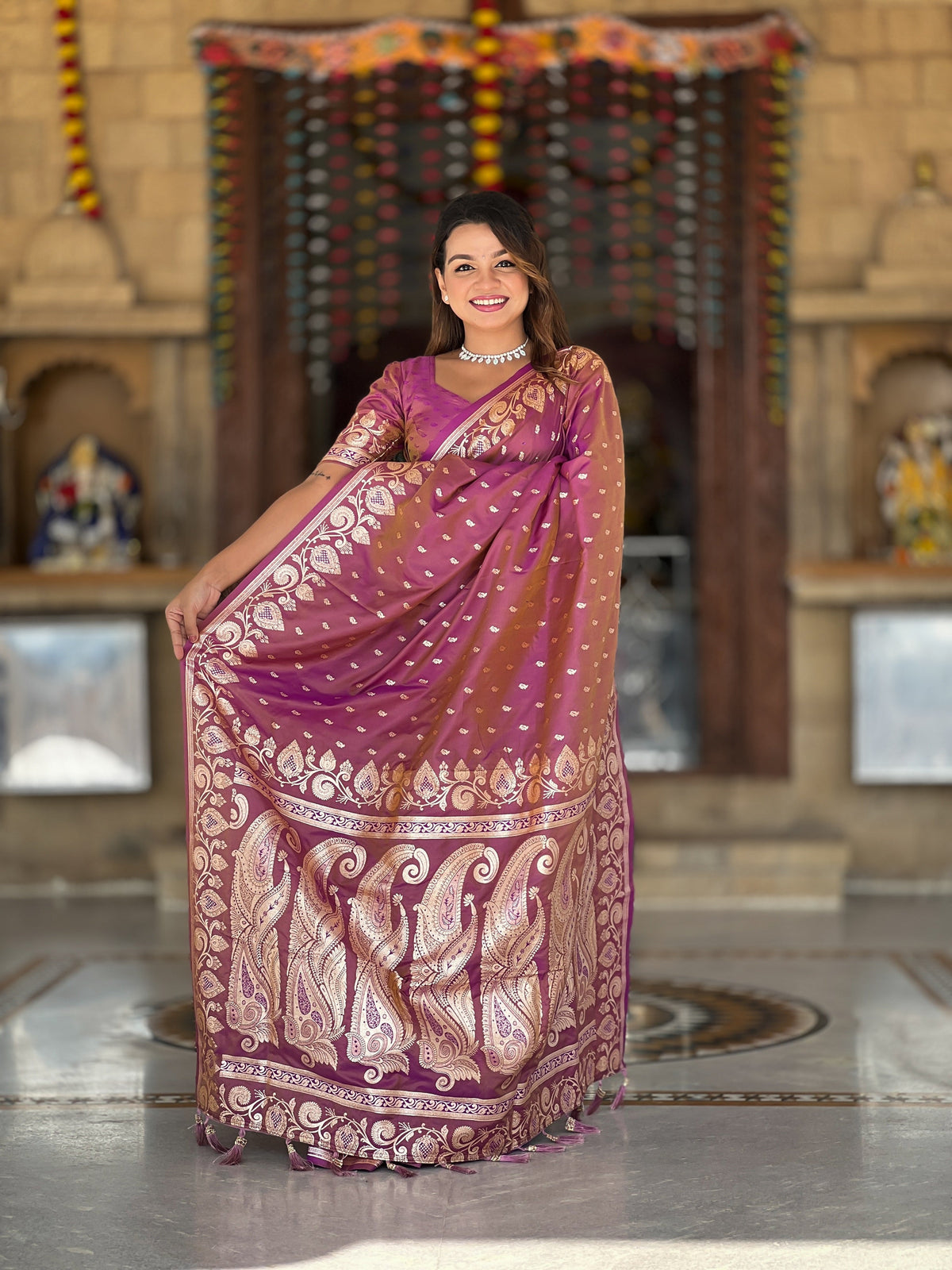 Vedant Vastram Soft Litchi Silk Banarasi Silk Jacquard Saree - Purple | Grocsy