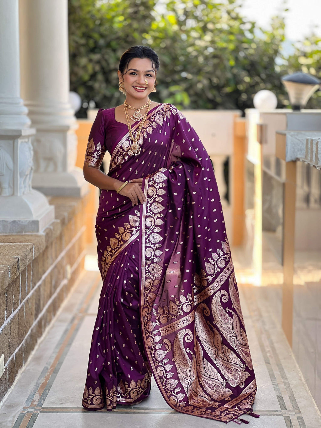 Vedant Vastram Soft Litchi Silk Banarasi Silk Jacquard Saree - Wine | Grocsy