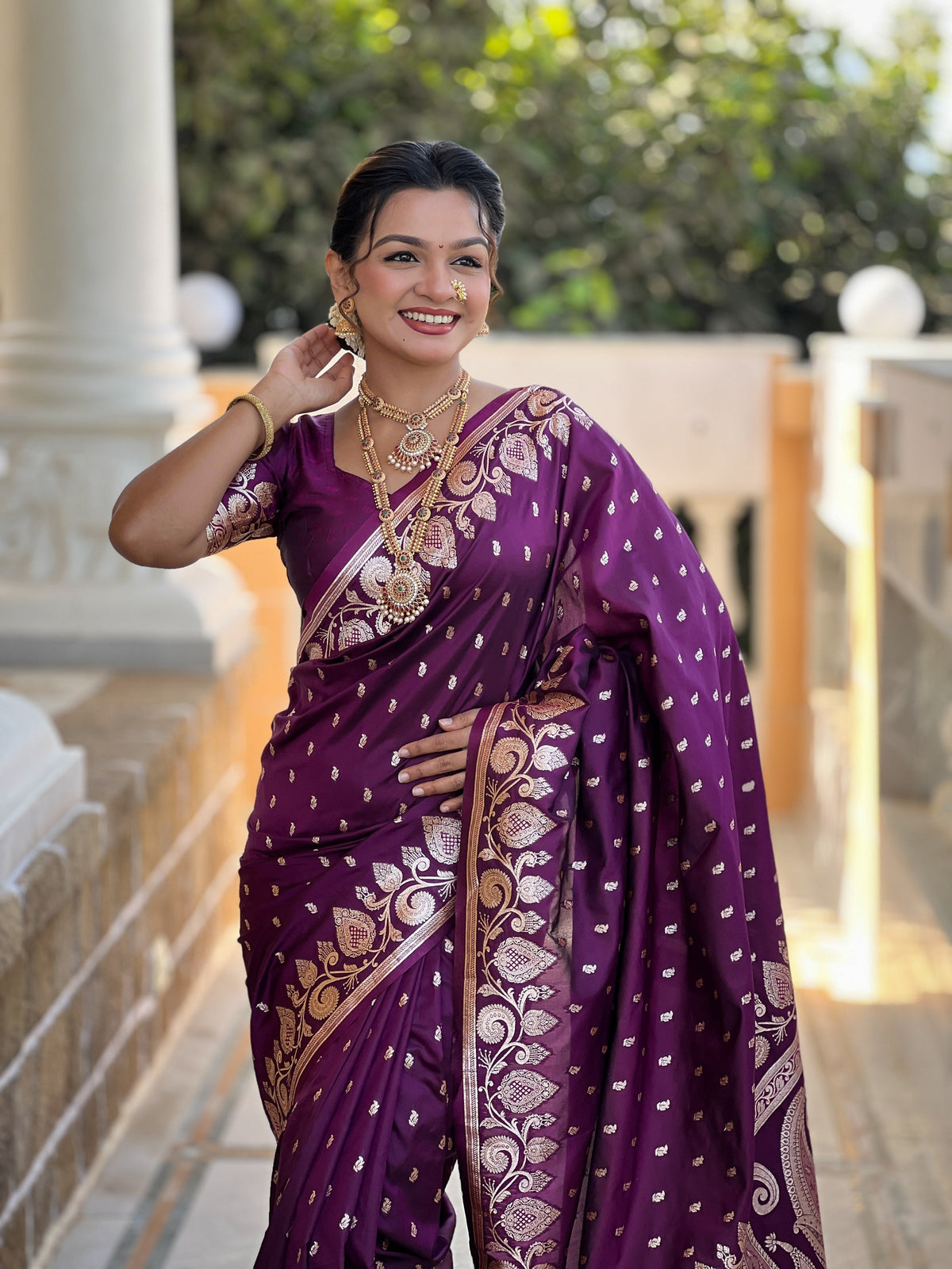 Vedant Vastram Soft Litchi Silk Banarasi Silk Jacquard Saree - Wine | Grocsy