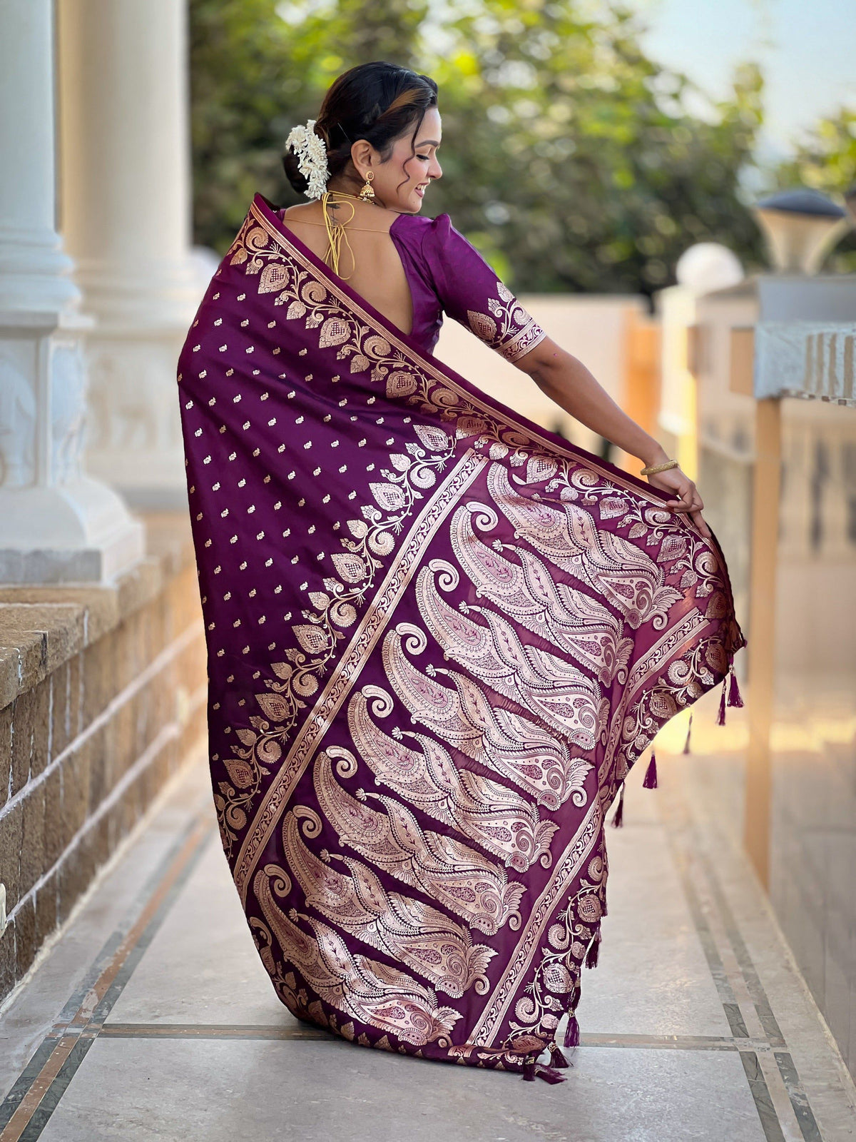 Vedant Vastram Soft Litchi Silk Banarasi Silk Jacquard Saree - Wine | Grocsy