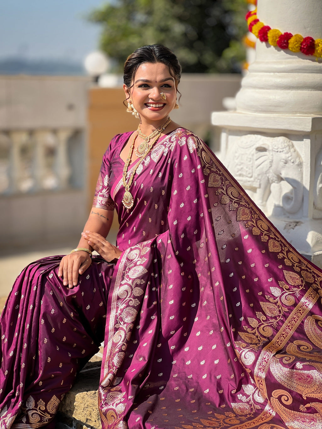 Vedant Vastram Soft Litchi Silk Banarasi Silk Jacquard Saree - Wine | Grocsy