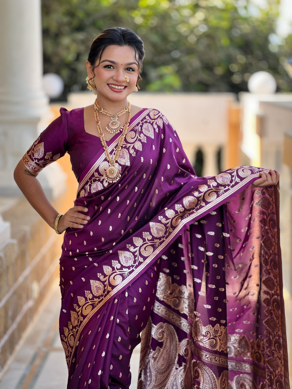 Vedant Vastram Soft Litchi Silk Banarasi Silk Jacquard Saree - Wine | Grocsy