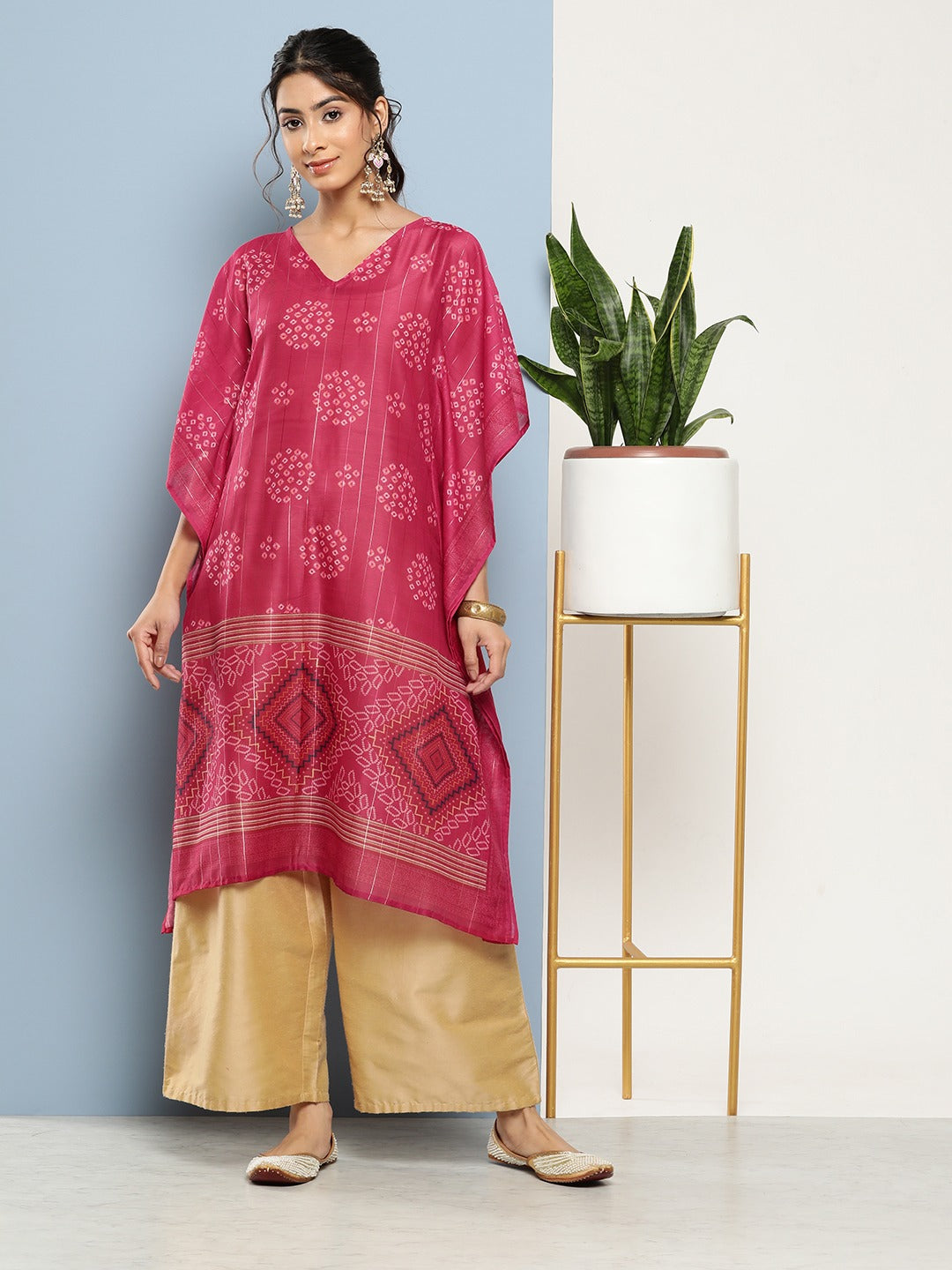 Yufta Bandhani Pink Printed Kaftan Kurta | Grocsy