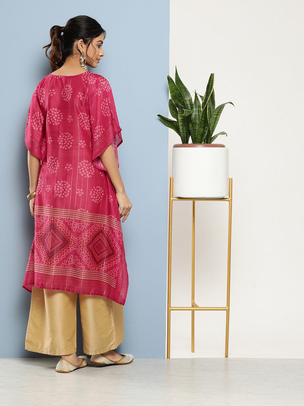 Yufta Bandhani Pink Printed Kaftan Kurta | Grocsy