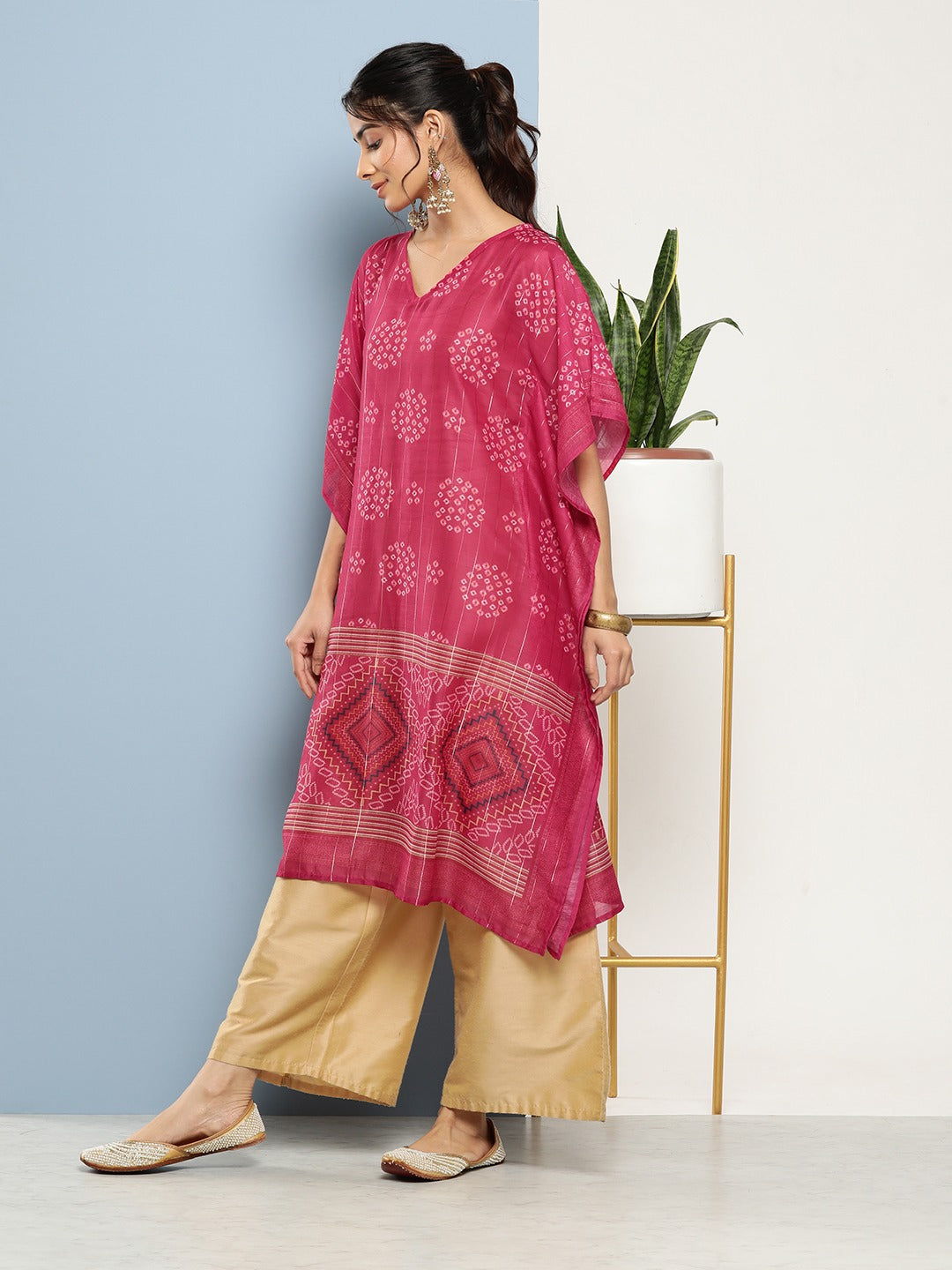 Yufta Bandhani Pink Printed Kaftan Kurta | Grocsy