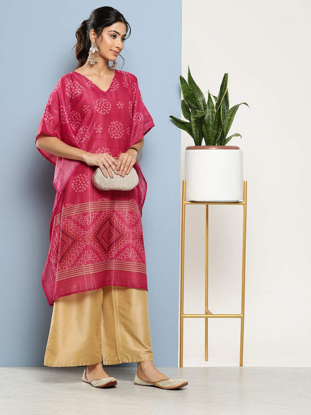 Yufta Bandhani Pink Printed Kaftan Kurta | Grocsy