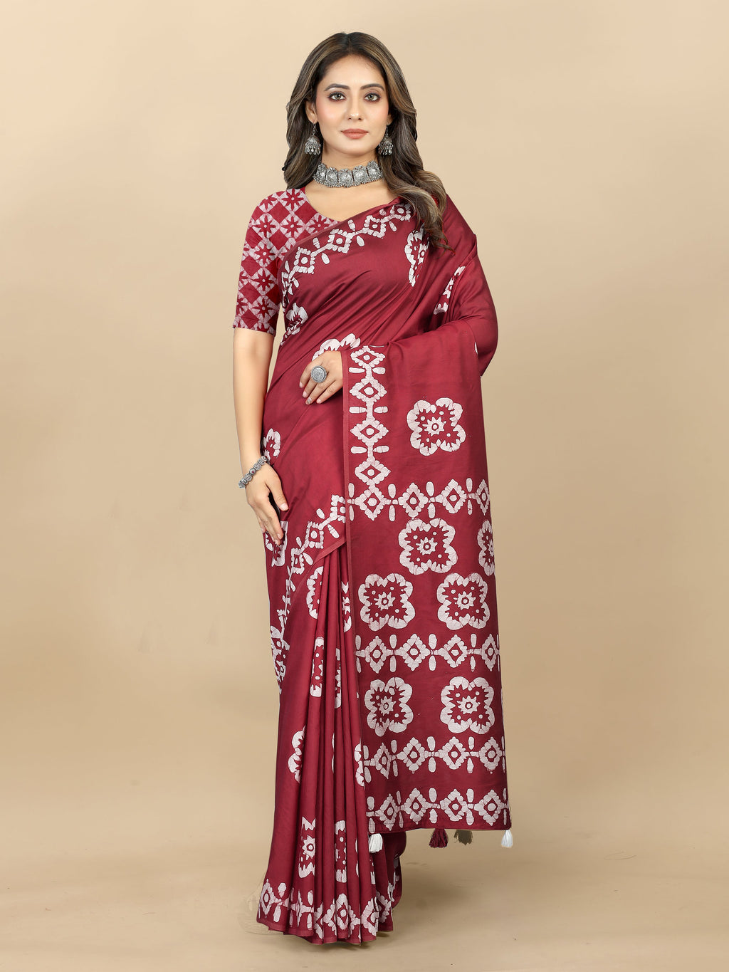 Vedant Vastram Designer Digital Print Batik Saree - Maroon | Grocsy