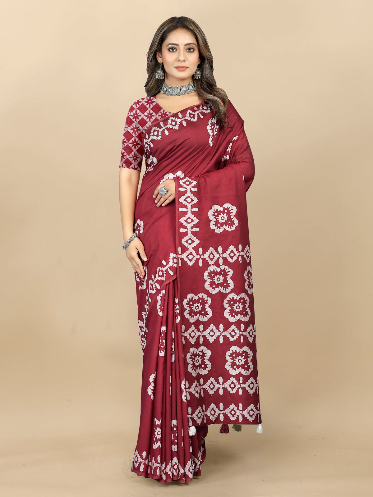 Vedant Vastram Designer Digital Print Batik Saree - Maroon | Grocsy