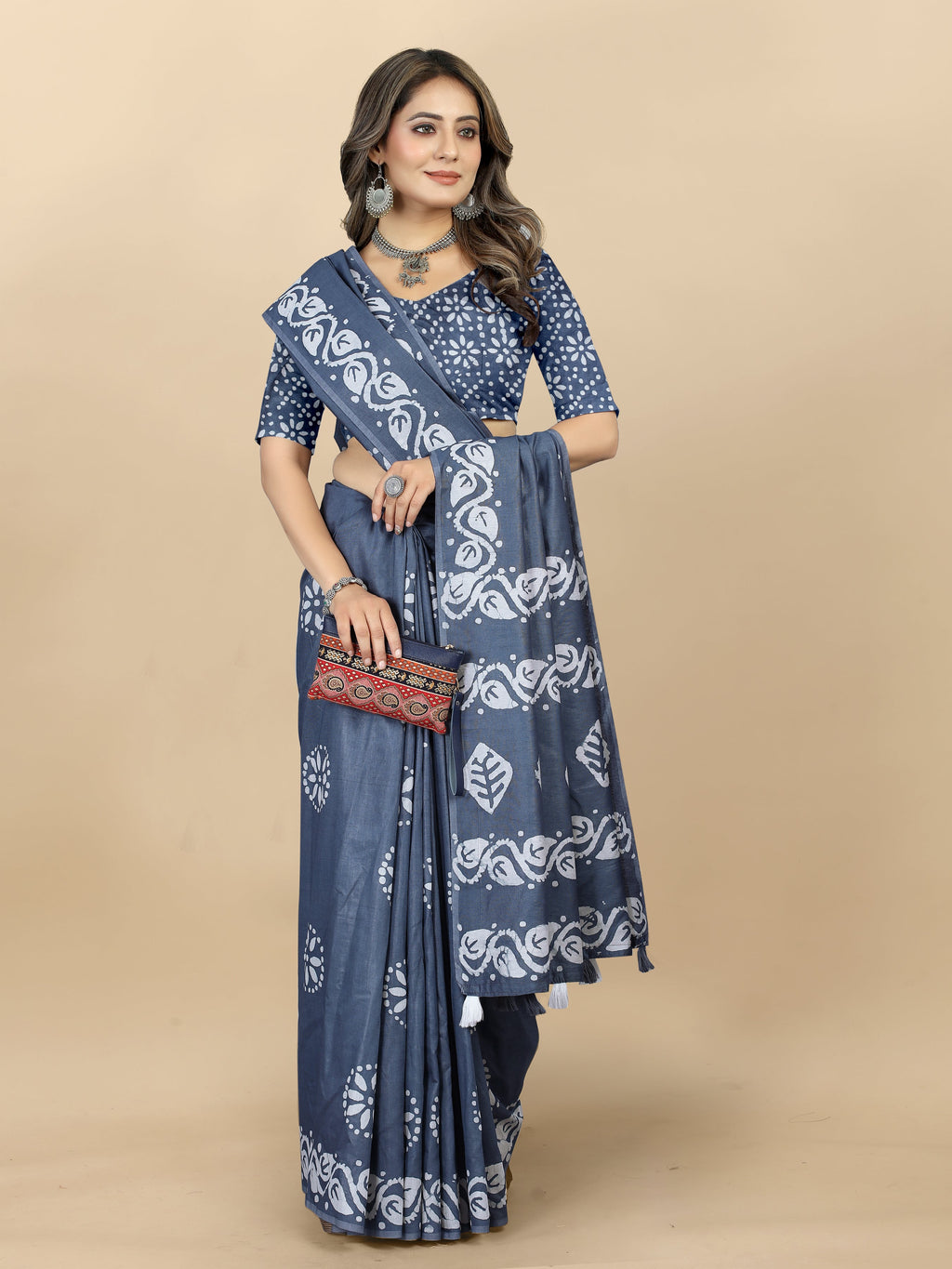 Vedant Vastram Designer Digital Print Batik Saree - Grey | Grocsy
