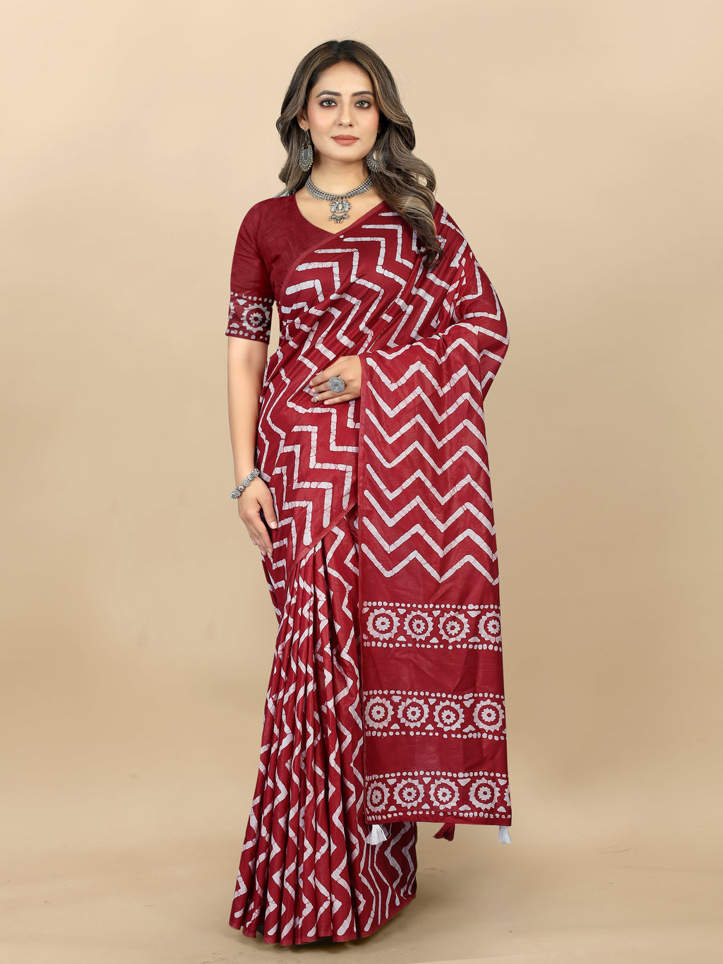 Vedant Vastram Designer Digital Print Batik Saree - Maroon | Grocsy