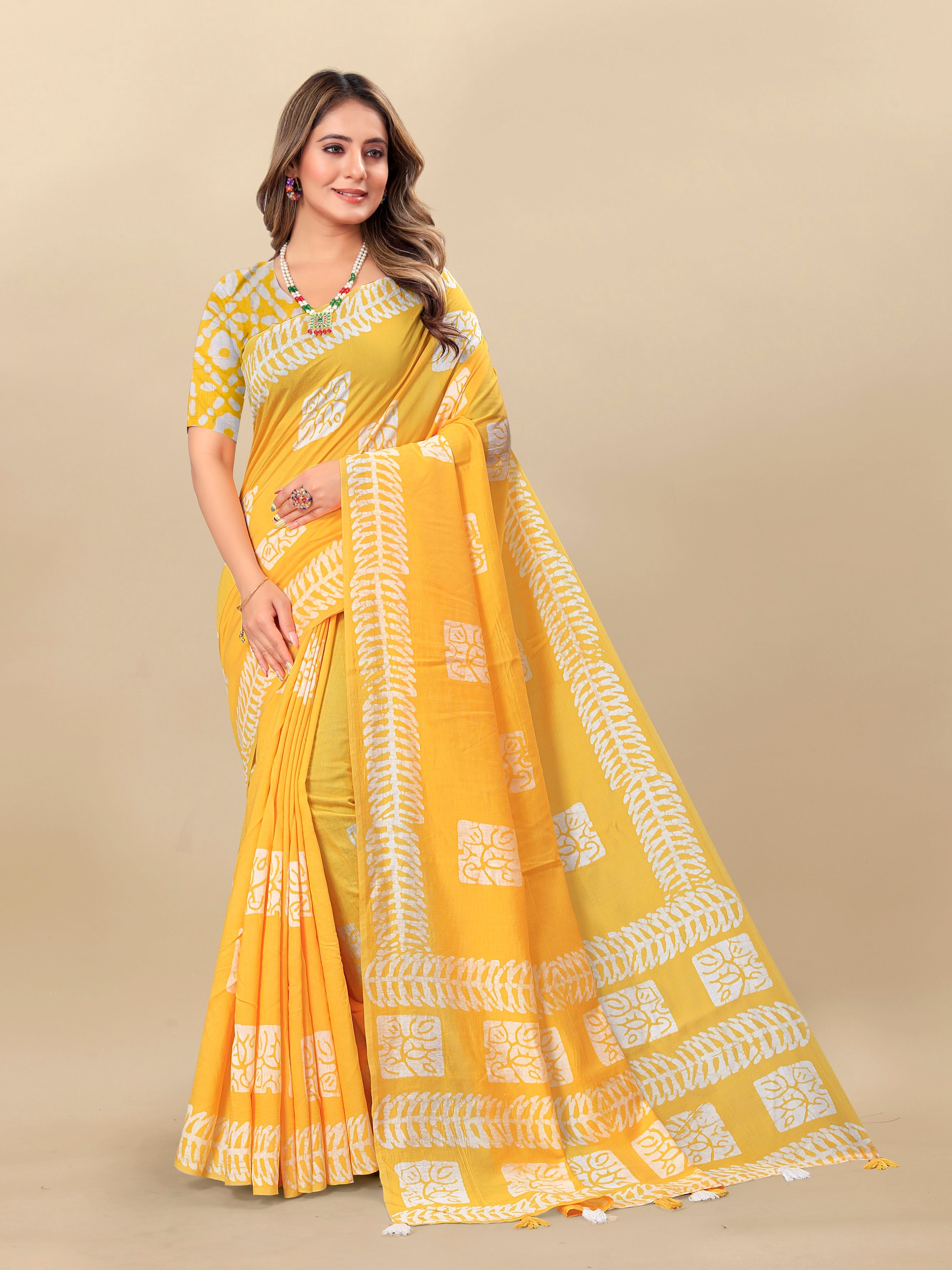 Vedant Vastram Designer Digital Print Batik Saree - Yellow | Grocsy