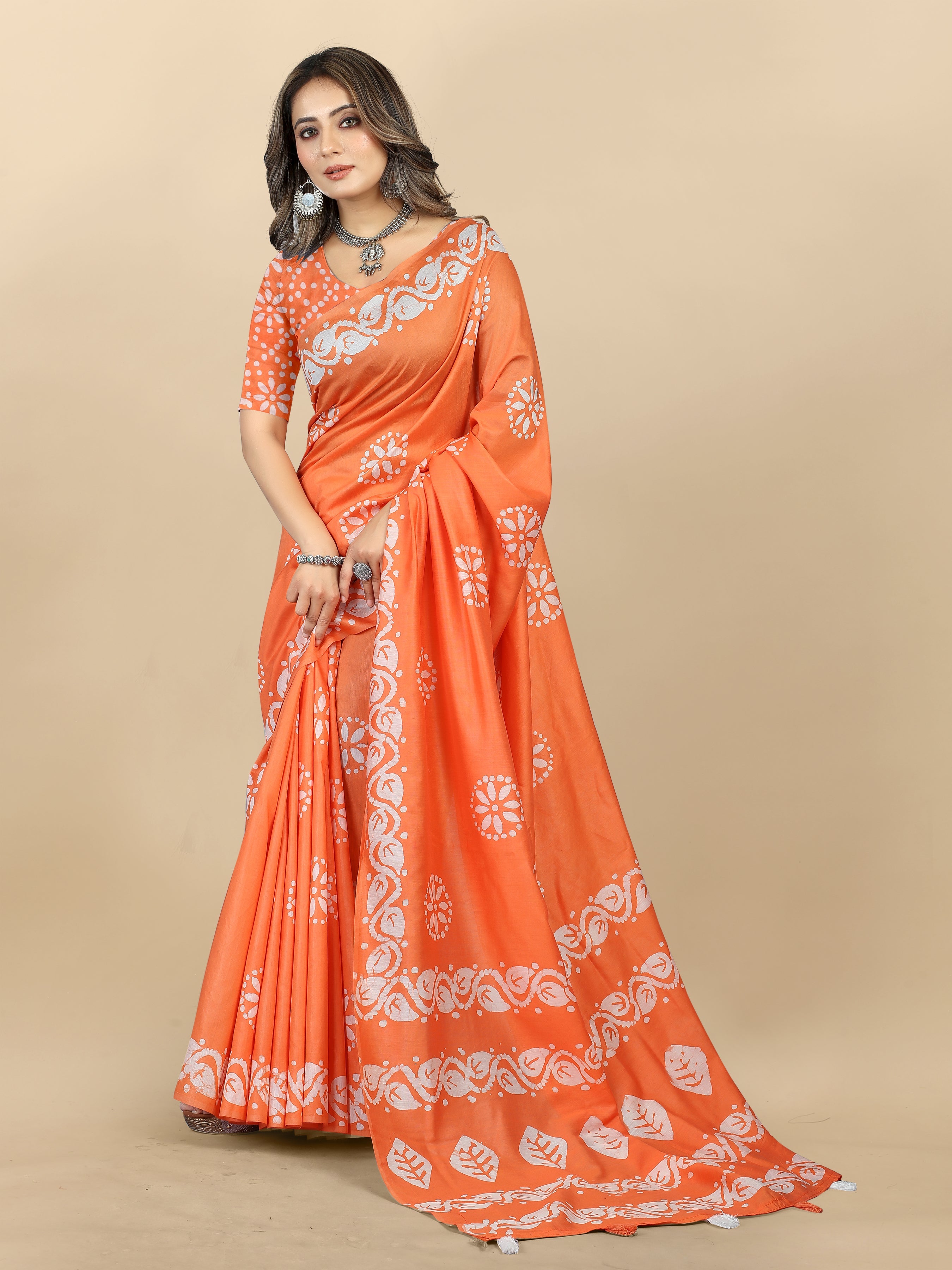 Vedant Vastram Designer Digital Print Batik Saree - Orange | Grocsy