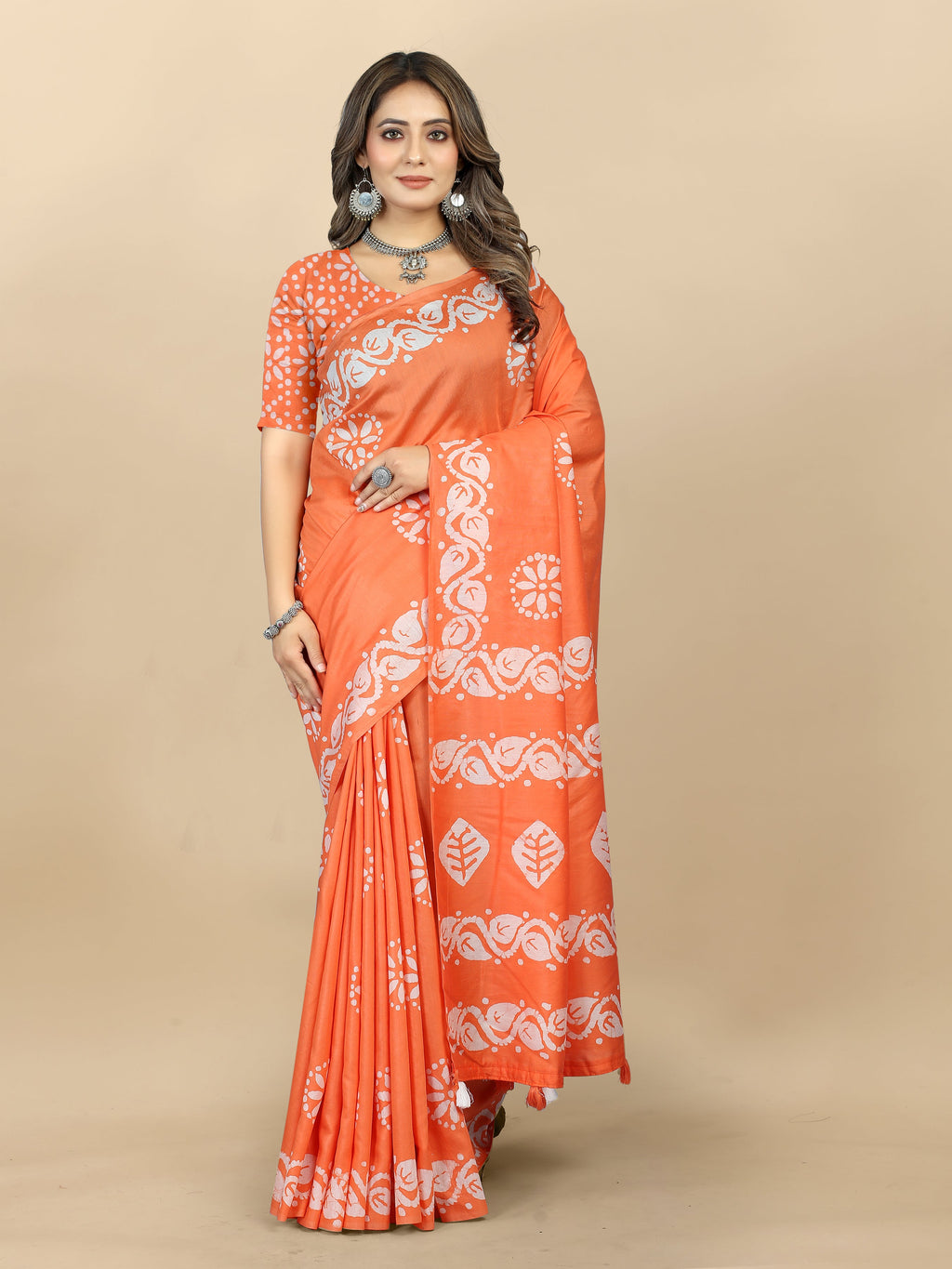 Vedant Vastram Designer Digital Print Batik Saree - Orange | Grocsy