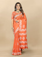 Vedant Vastram Designer Digital Print Batik Saree - Orange | Grocsy