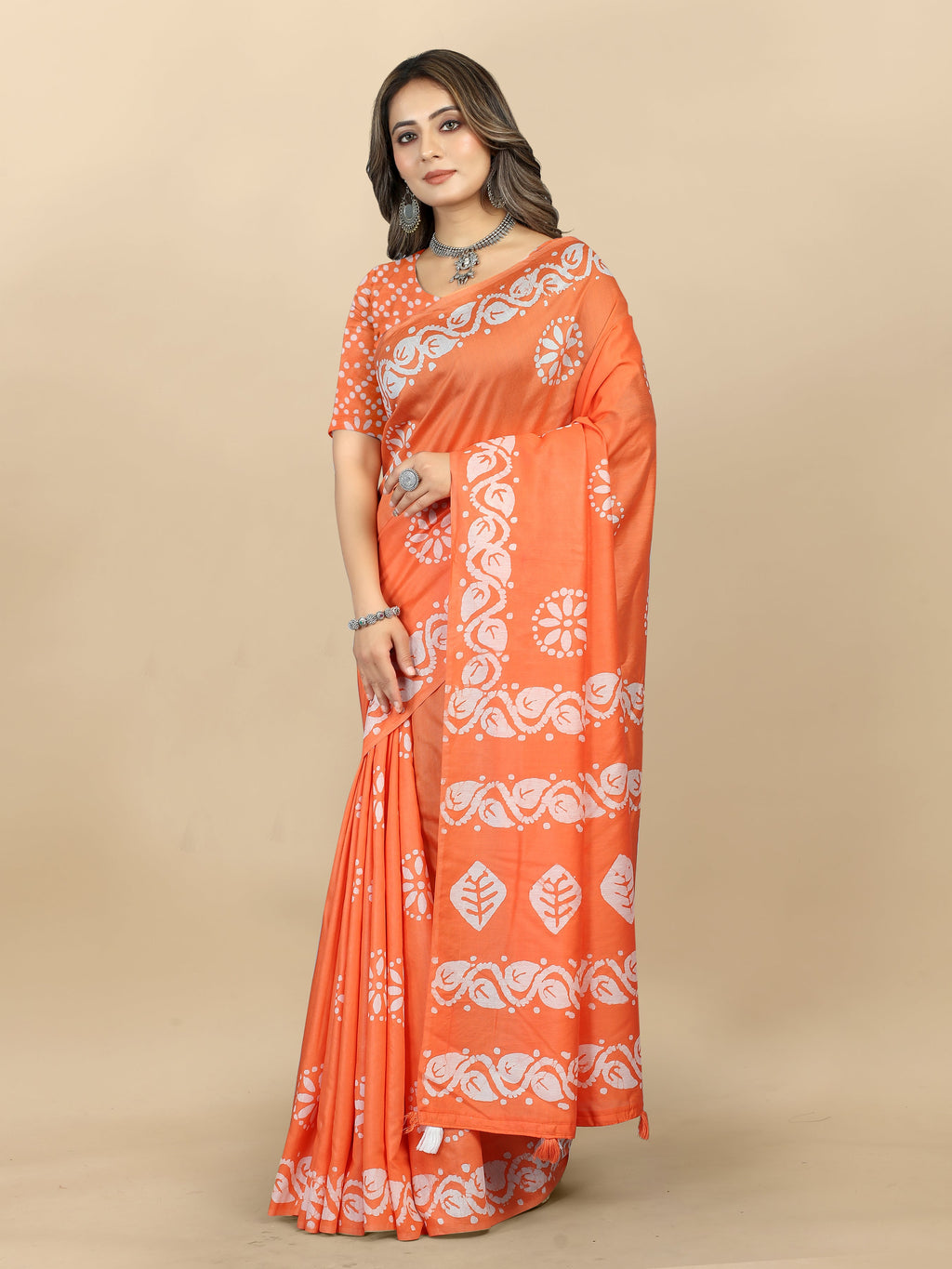 Vedant Vastram Designer Digital Print Batik Saree - Orange | Grocsy