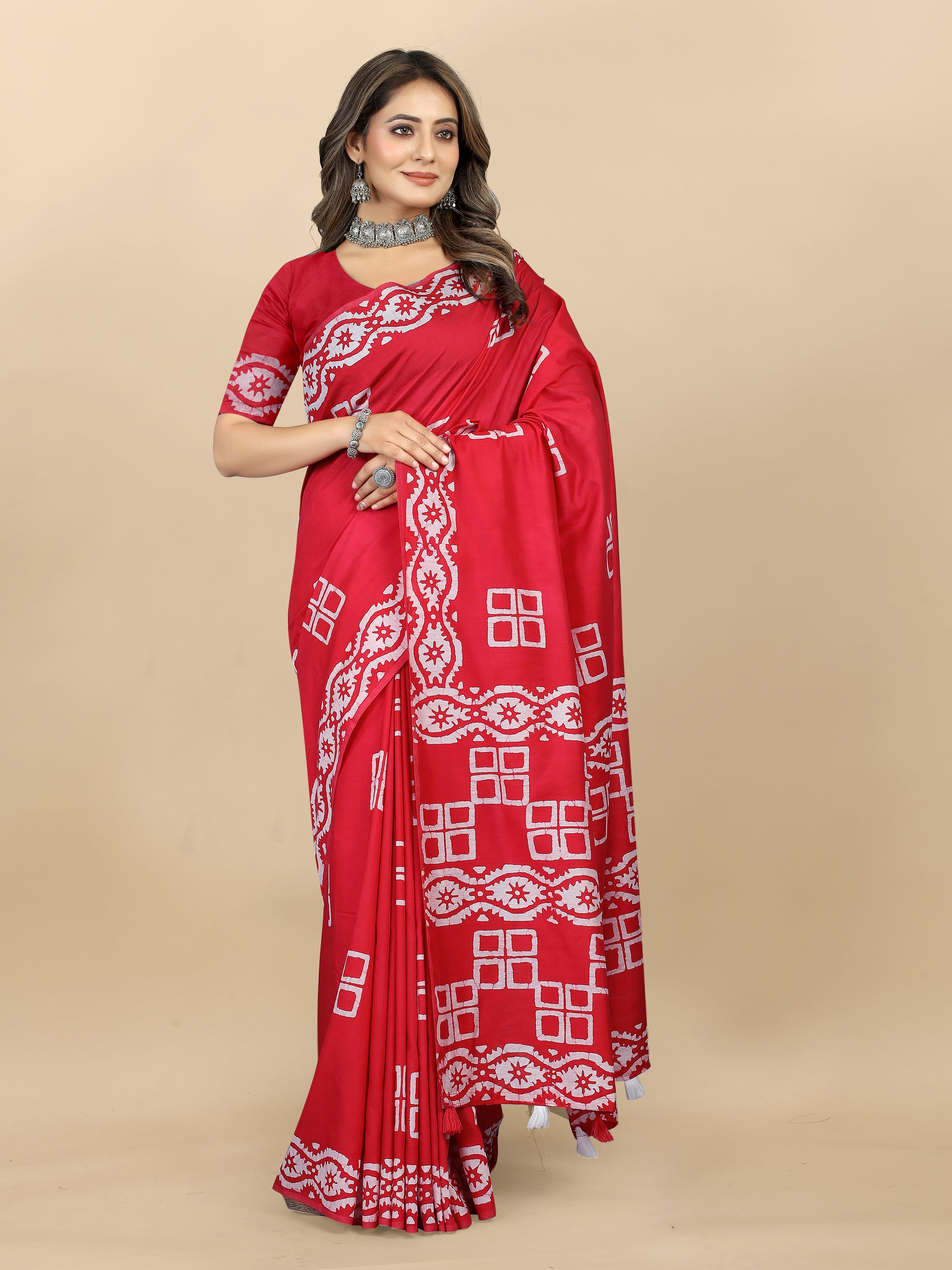 Vedant Vastram Designer Digital Print Batik Saree - Red | Grocsy