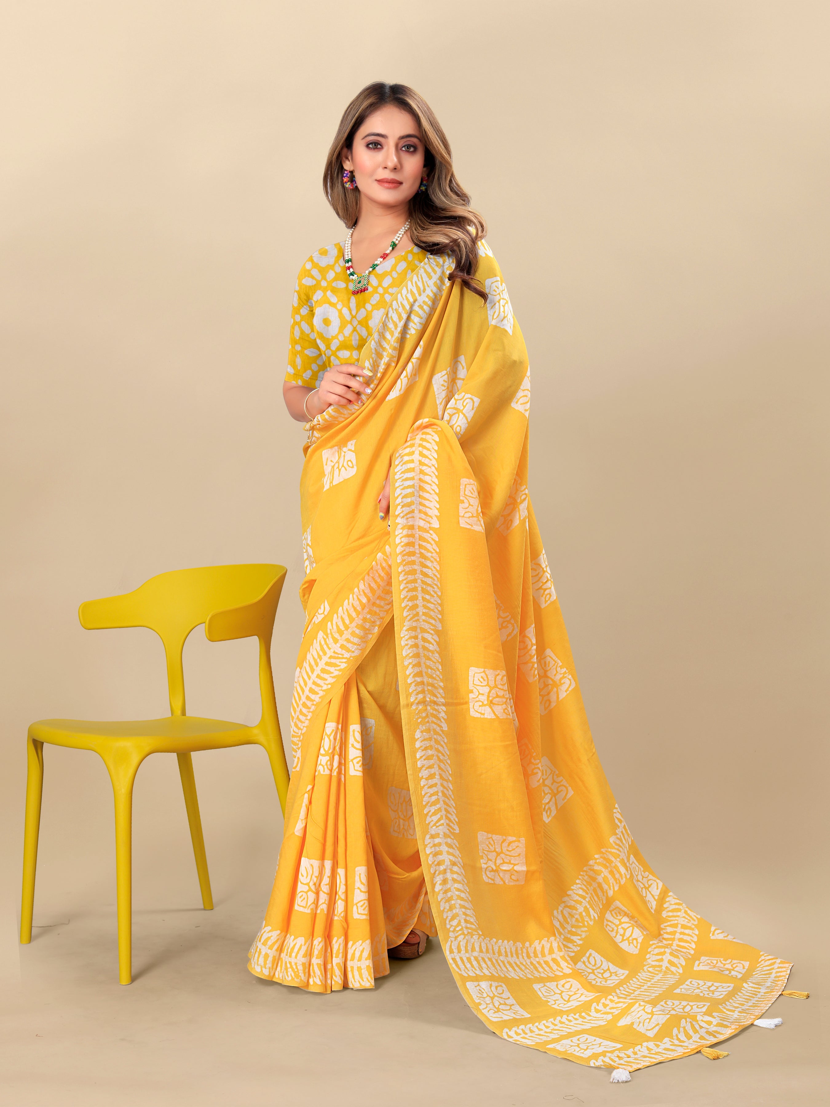 Vedant Vastram Designer Digital Print Batik Saree - Yellow | Grocsy