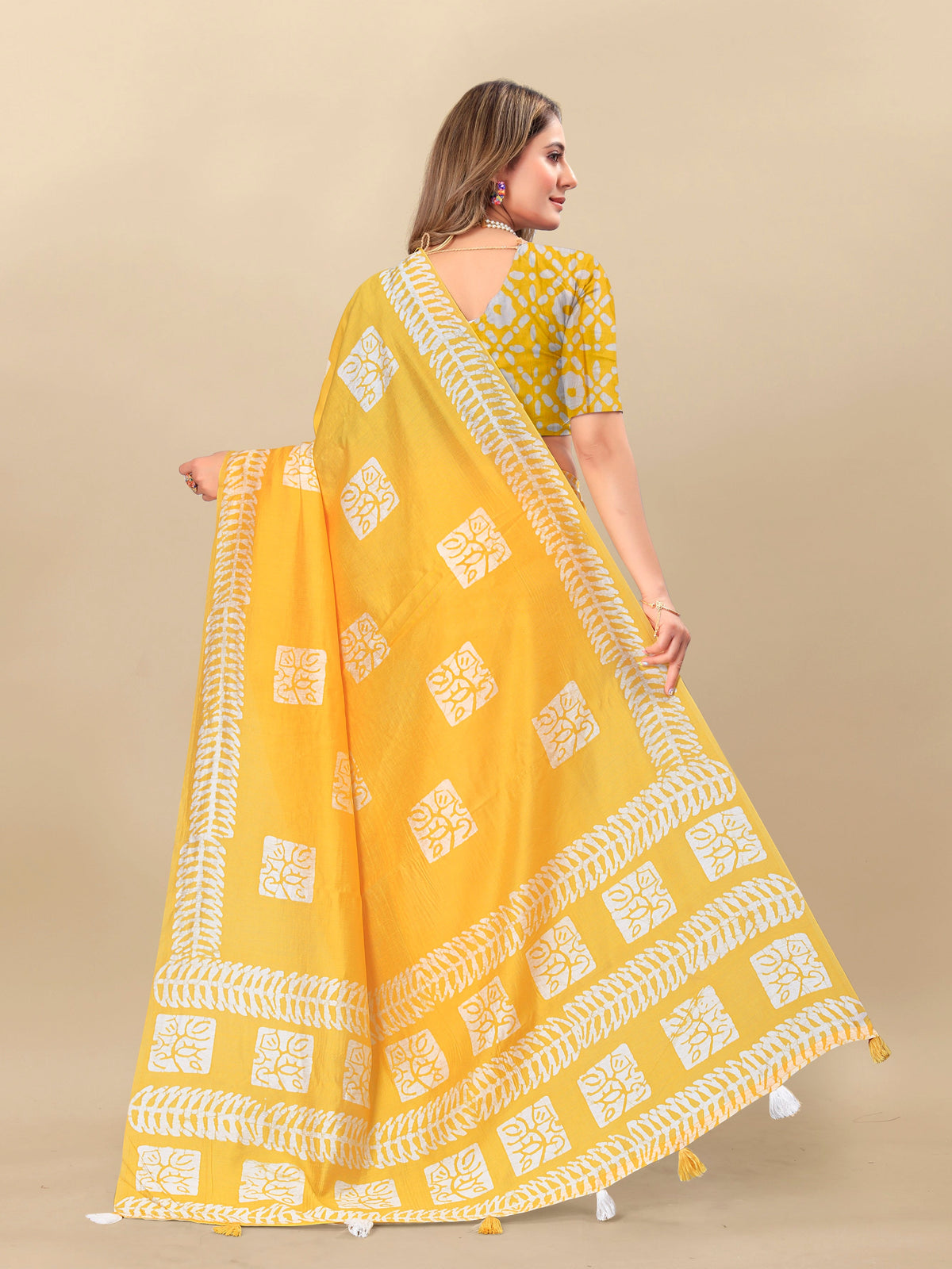 Vedant Vastram Designer Digital Print Batik Saree - Yellow | Grocsy