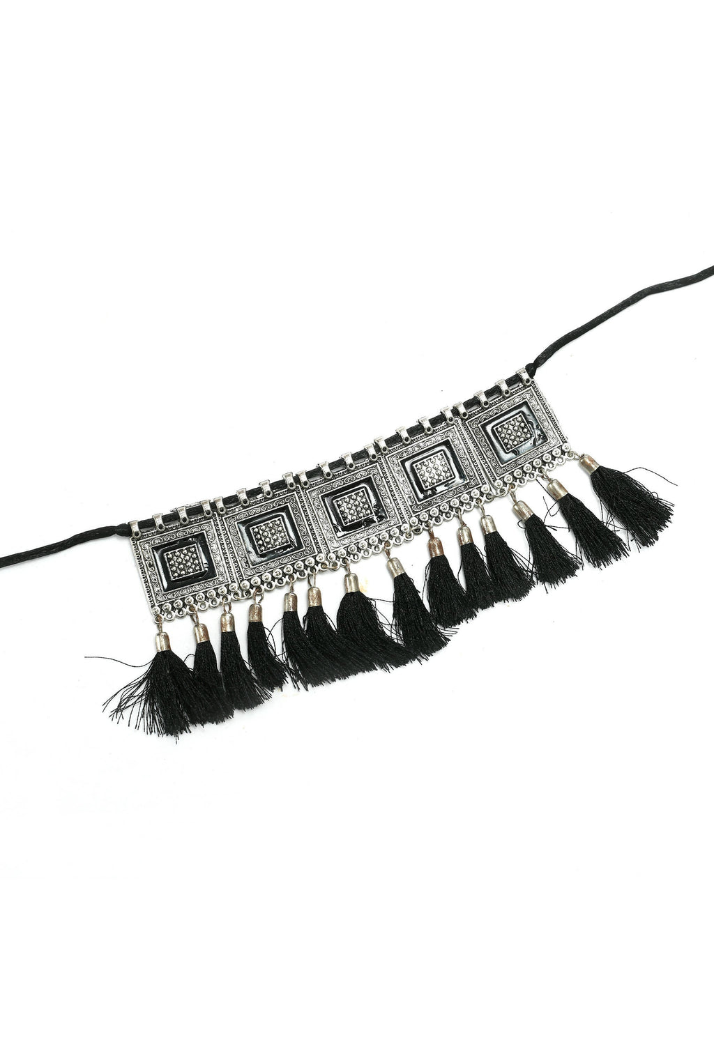 Mominos Fashion Johar Kamal Oxidised Silver-Plated Brass Finish Tassel Work Handicraft Choker For Women (Black) | Grocsy
