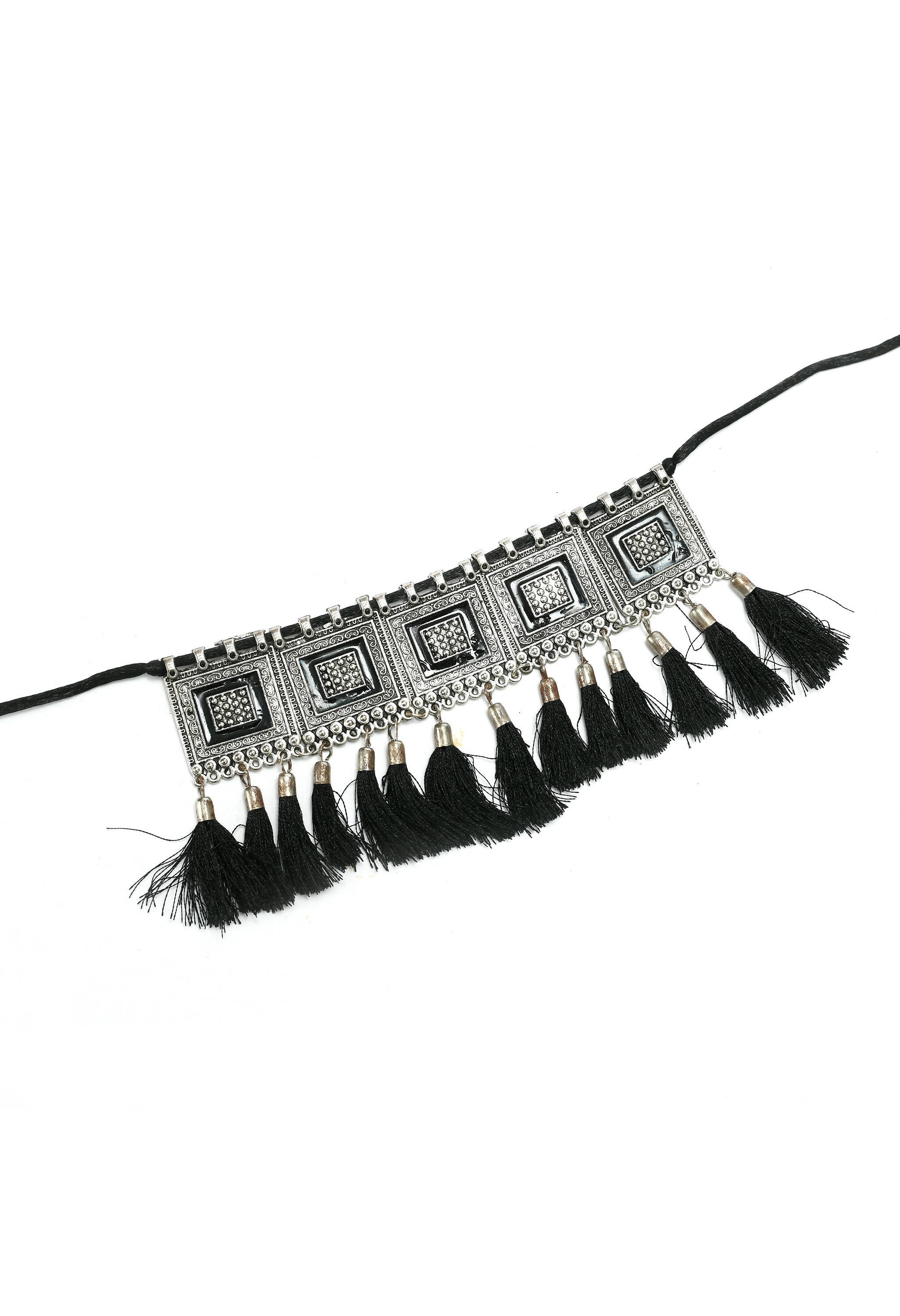 Mominos Fashion Johar Kamal Oxidised Silver-Plated Brass Finish Tassel Work Handicraft Choker For Women (Black) | Grocsy