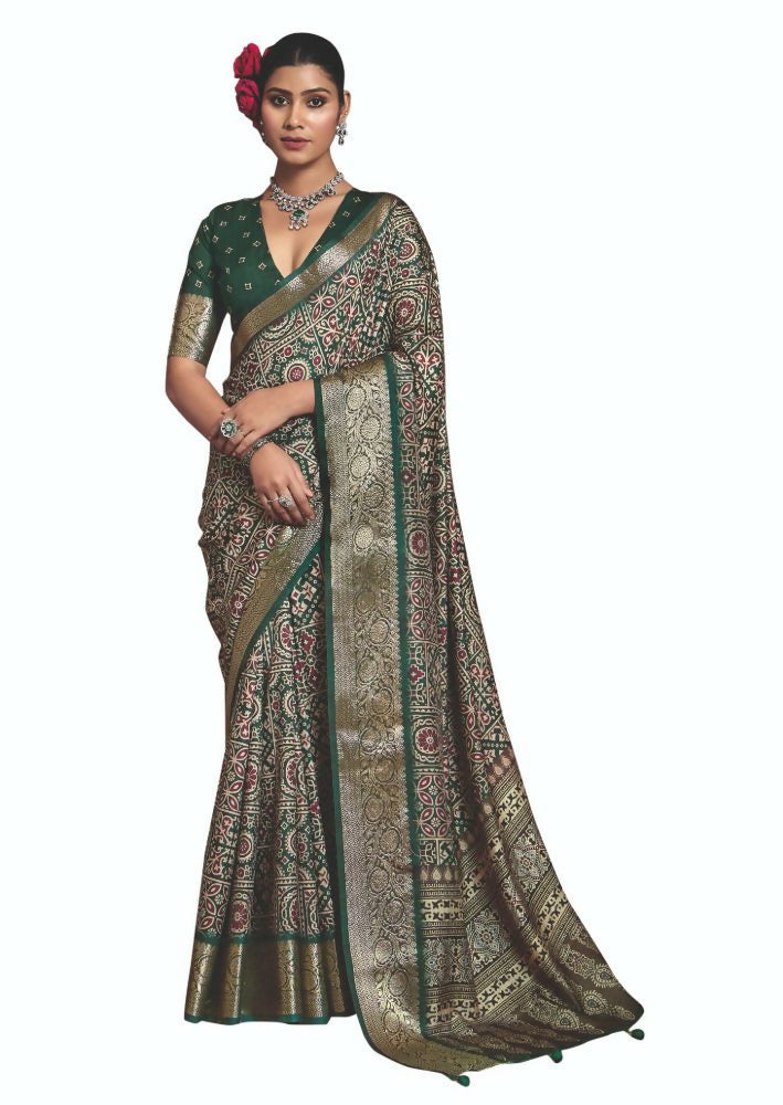 Joban Fashion Green Multi Color Dola Tussar Silk Self Jacquard Border Saree | Grocsy